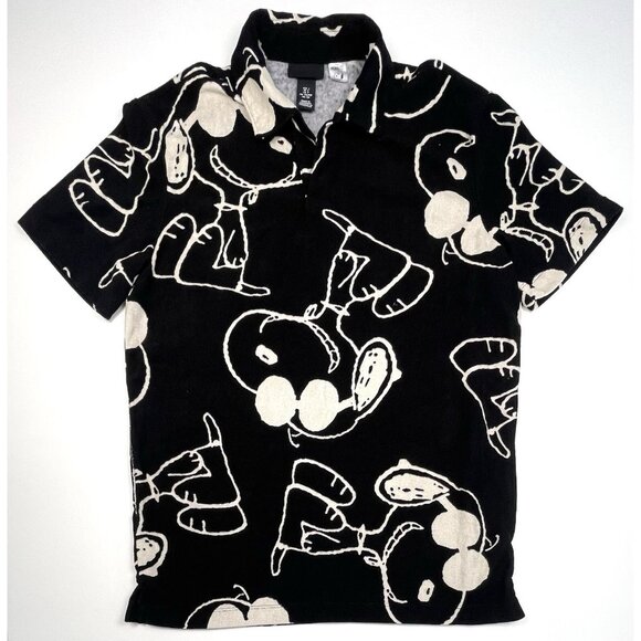 H&M Exclusive Mens SMALL Black Peanuts Snoopy Terry Cloth Pullover Polo SHIRT - Picture 1 of 8